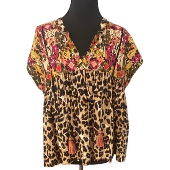THML Embroidered Boho Top Small Leopard Print Mixed Pattern Tassel Blouse Artsy - Picture 1 of 11